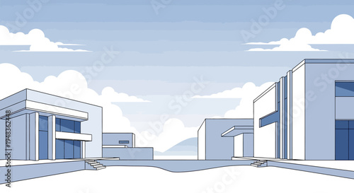 Modern architecture with clean lines and large windows under a cloudy blue sky