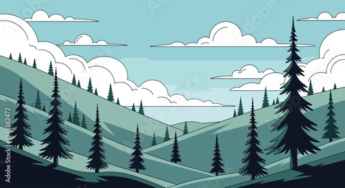 Stylized landscape with rolling hills, pine trees, and clouds against a light blue sky