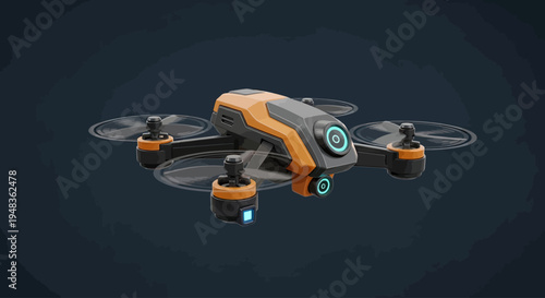 Sleek orange and grey quadcopter drone with illuminated camera lenses