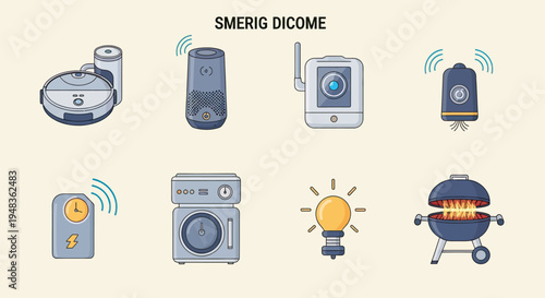 Smart home devices including a vacuum, speaker, camera, remote, lightbulb, grill, and washer