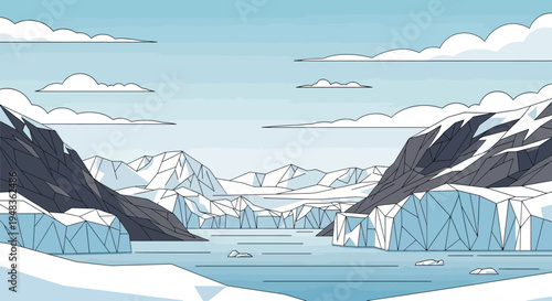 A stylized, graphic illustration of a serene arctic landscape with geometric mountains and icy water