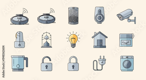 Collection of simplified icons representing smart home devices and appliances
