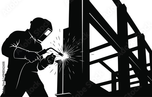 Construction worker silhouette welding on a steel beam structure