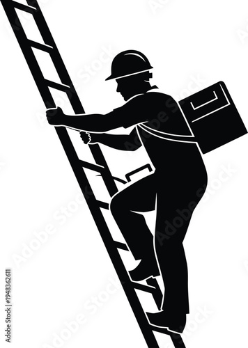 Construction worker silhouette climbing ladder with toolbox