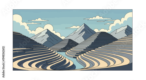 Stylized mountain landscape with cascading geometric terraces and serene blue water