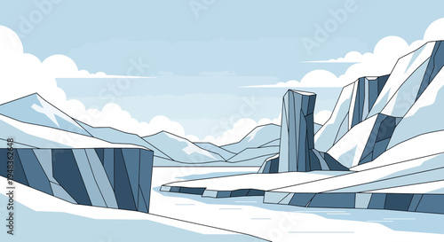 Icy landscape with sharp, angular mountains and a calm body of water under a cloudy sky