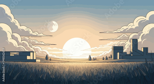 A surreal, stylized landscape with a glowing sun, moon, clouds, and minimal city structures