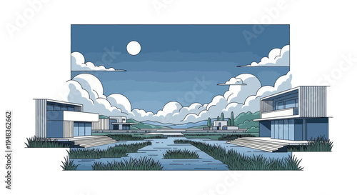 Two modern homes flanking a body of water with lush grass and a cloudy sky