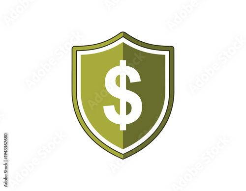 Shield with dollar symbol represents financial security, safety, wealth, protection of money, business, and investment icons with green color scheme and shadow effect on white background