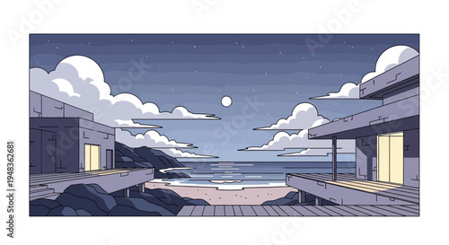 Modern beachfront villas overlook a calm ocean under a starry night sky