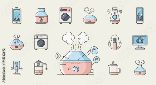 A collection of cartoon-style icons for home appliances and gadgets