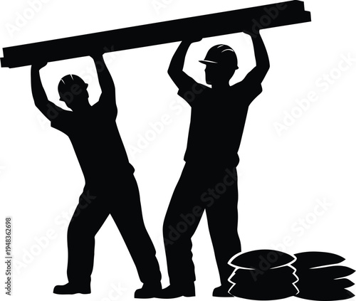 Construction workers silhouette holding beam hard hat and tools
