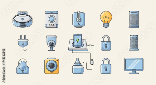 Collection of smart home devices, electronics, and security icons