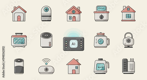 A grid of 15 cartoon icons depicting smart home devices and houses