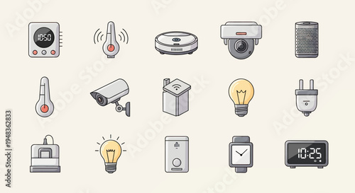 Collection of flat icons representing various smart home devices