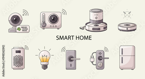 Modern smart home devices including camera, thermostat, robots, speaker, bulb, locks, and fridge
