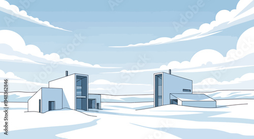 Minimalist modern homes stand on a snowy landscape beneath a vast, cloudy blue sky