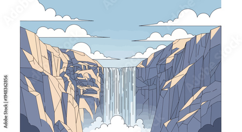 Vast canyon with a powerful waterfall cascading down rock cliffs under a sky