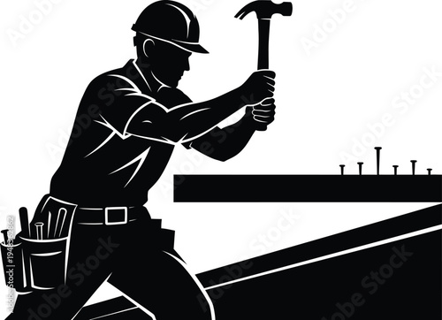Construction worker silhouette hammering nails into beam