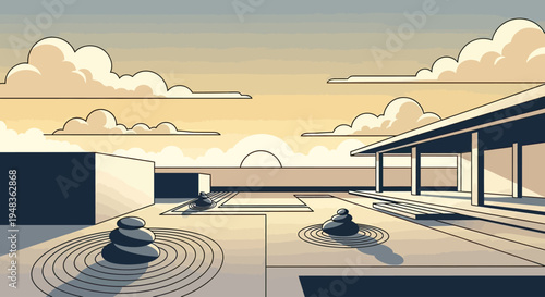 Zen garden with stacked stones, minimalist modern building, and tranquil sunset sky