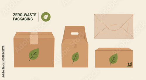 Various brown cardboard zero-waste packaging items, including boxes and an envelope, are displayed with green leaf logos.