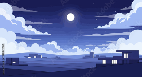 Blue abstract moonlit landscape with modernist buildings