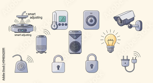Various smart home devices including security cameras, speakers, locks, and lighting