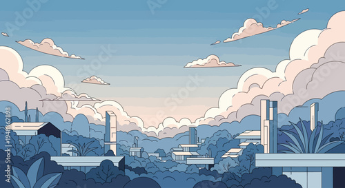 Stylized landscape with geometric buildings nestled amongst stylized foliage under a cloudy sky