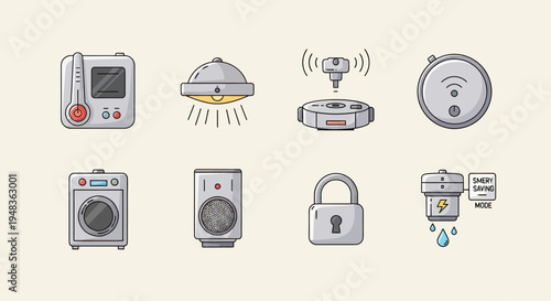 Household appliances, security, and smart devices in a modern icon style