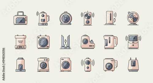 A collection of stylized illustrations of various kitchen appliances and electronic devices