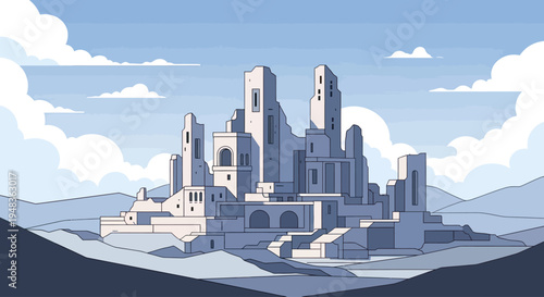 Dilapidated abstract citadel under a vast, cloudy sky