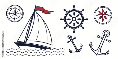 a sailboat and nautical icons including an anchor and steering wheel Vector