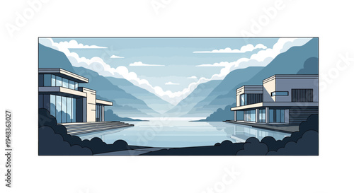 Modern homes by a serene lake nestled among misty mountains under a cloudy sky