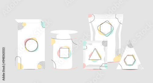 Five distinct white packaging items, including a box, cylinder, and pouches, are arranged with colorful abstract shapes.