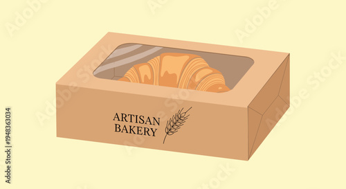 A single golden croissant is visible through a clear window in a brown cardboard box labeled ARTISAN BAKERY.
