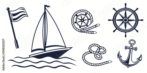 a collection of nautical icons including a sailboat and anchor Vector
