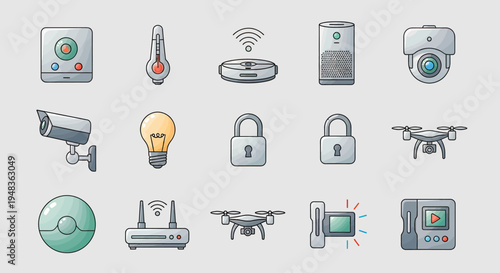 A collection of smart home devices including cameras, locks, and a drone