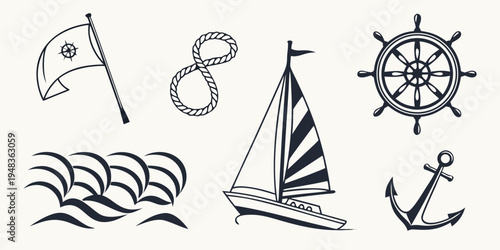 a collection of nautical icons including a flag rope sailboat waves ship wheel and anchor Vector