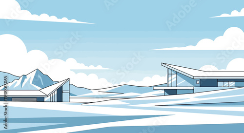 Stylized modernist homes sit amid snow-covered hills under a cloudy sky