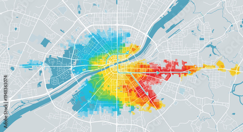 An overhead city map displays roads and rivers, overlaid with a vibrant heat map showing data distribution.