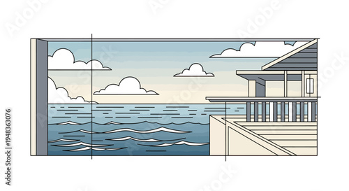 A minimalist depiction of a house balcony overlooking the ocean with clouds