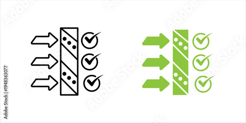 Minimal outline icon set. showing arrows passing through a process with check marks, representing workflow validation, quality control, approval system, and step-by-step verification.