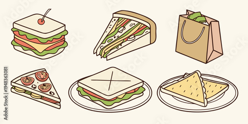 a variety of sandwiches and a lunch bag Vector