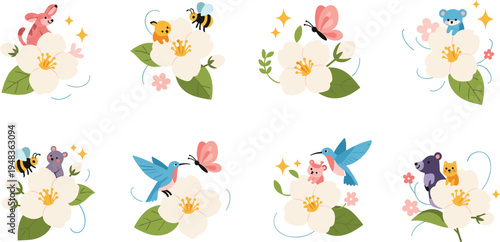 Playful Flower Illustrations with Cute Animals, Bees, Birds, and Butterflies in Soft Pastel Colors for Spring Designs