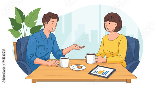 A man and a woman sit at a wooden table, conversing over coffee with a tablet displaying a bar chart between them.