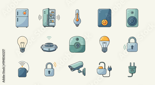 Collection of smart home devices and security icons