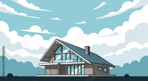 Modern home with large windows and steep roof under cloudy sky