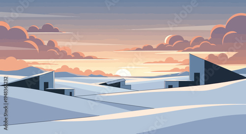 Minimalist snowy landscape at dusk with stark geometric structures