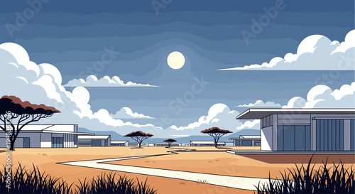 A modern oasis in a dry landscape under a vast, cloudy sky