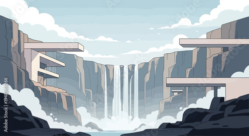 A dramatic waterfall cascades into a misty pool, framed by cliffs and modern structures